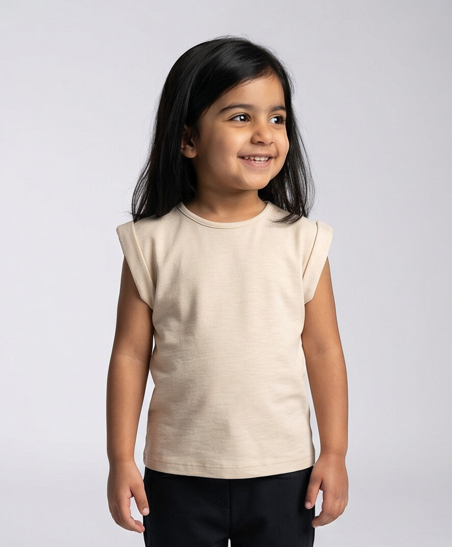 Girls Sand Structured Shoulder Cap Sleeve T-Shirt