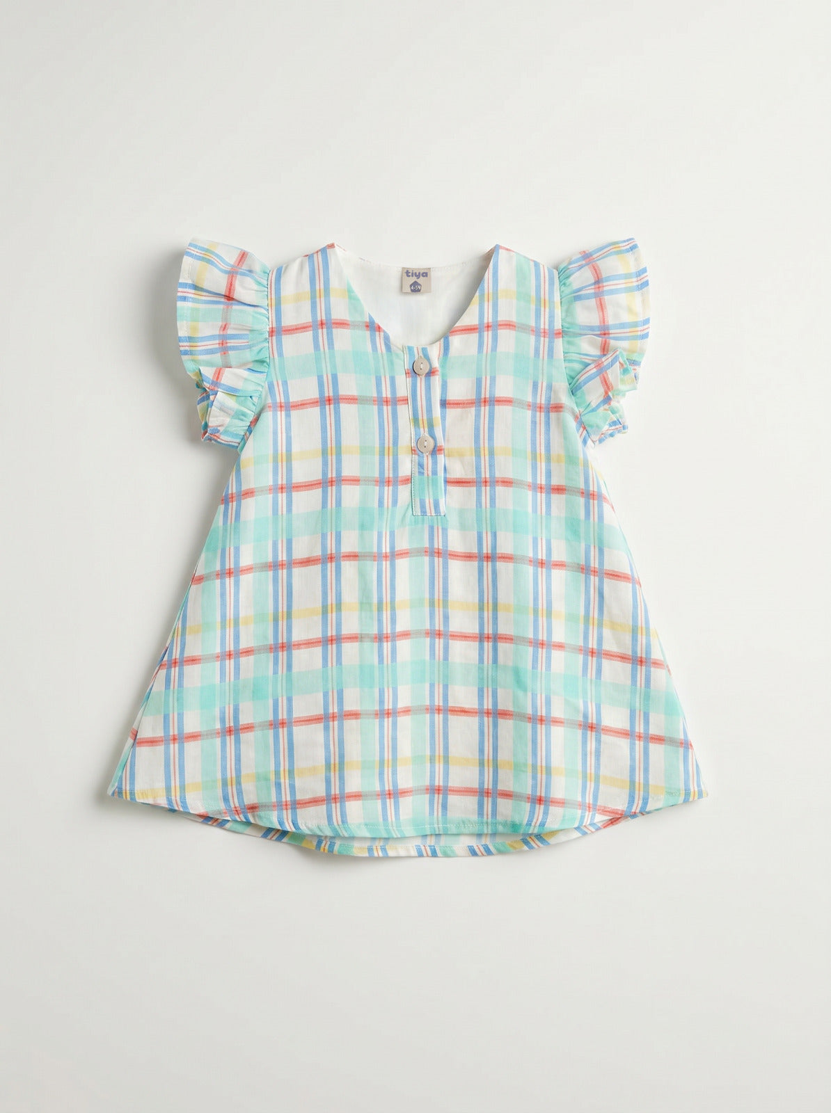 Girls Mint Multicolor Madras Plaid Flutter-Sleeve A-Line Dress