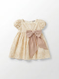 Girls Ivory Broderie Anglaise Puff-Sleeve Square-Neck Dress with Taupe Bow & Matching Scrunchie
