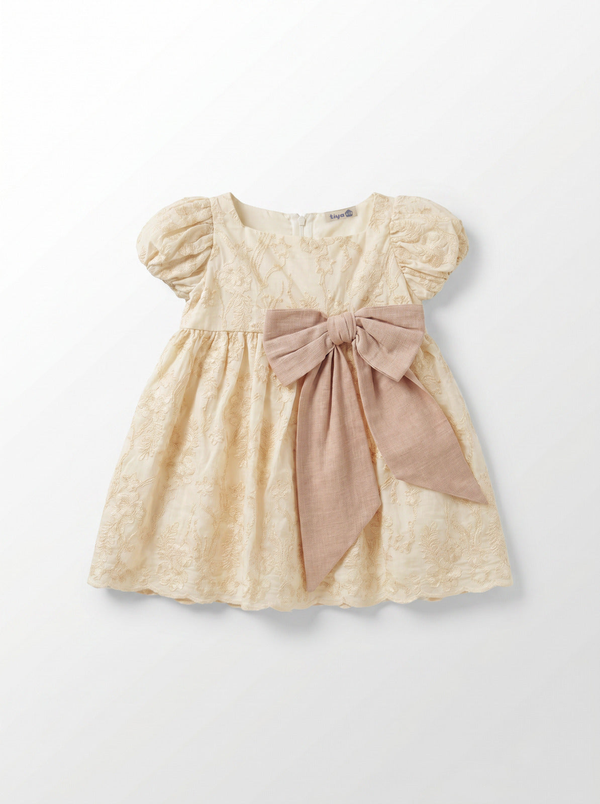 Girls Ivory Broderie Anglaise Puff-Sleeve Square-Neck Dress with Taupe Bow & Matching Scrunchie