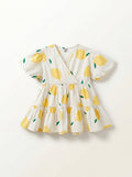 Girls Cream Lemon Print Puff-Sleeve Three-Tier Wrap Dress