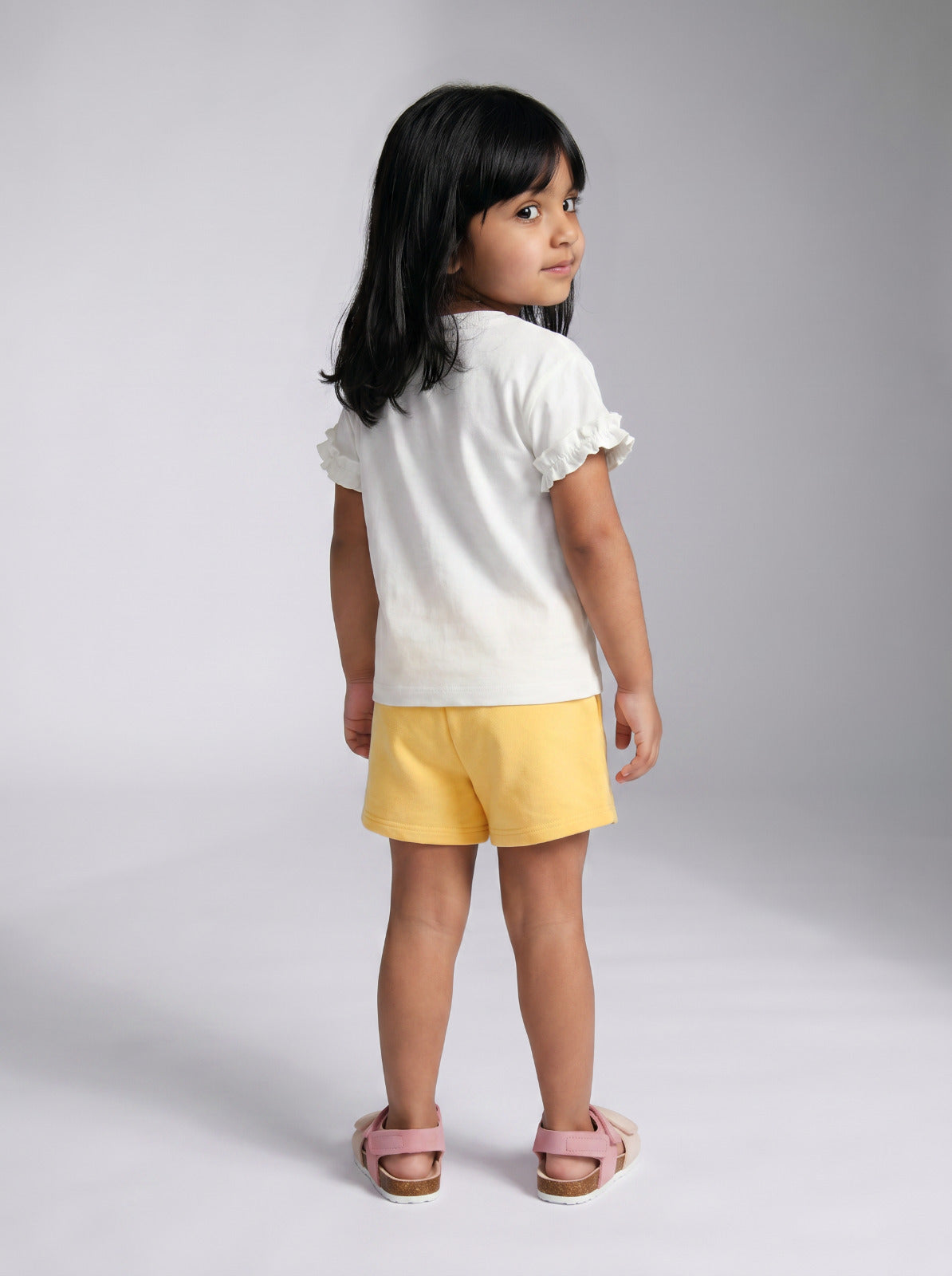 Baby Girl White Pear Print Ruffle T-Shirt & Yellow Shorts Set
