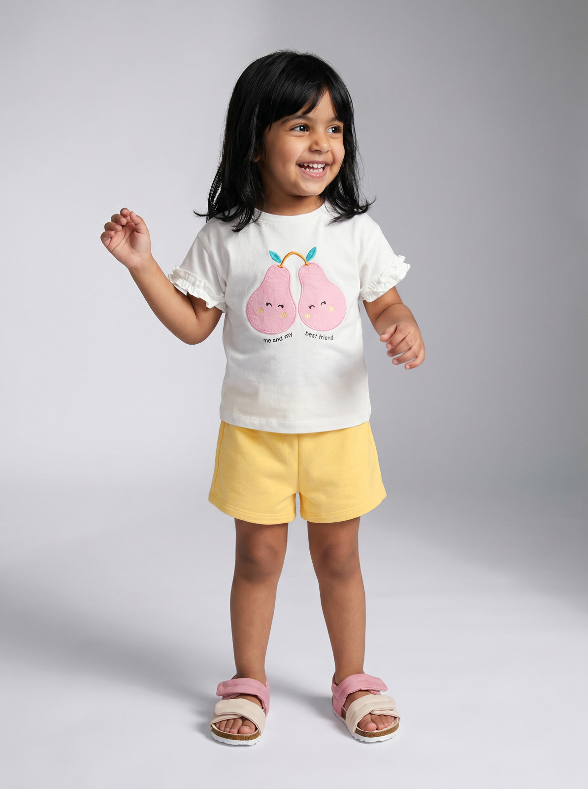 Baby Girl White Pear Print Ruffle T-Shirt & Yellow Shorts Set