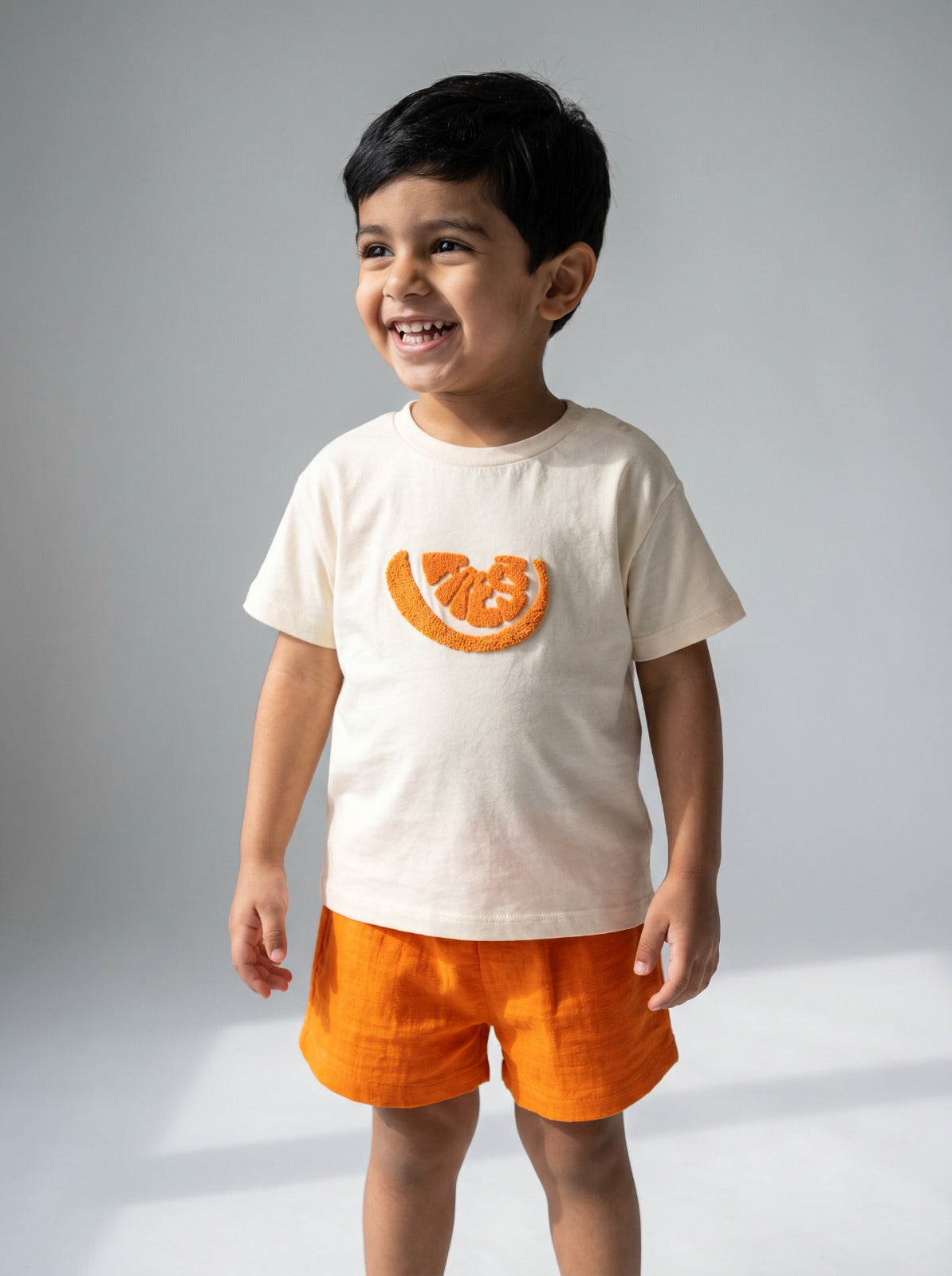 Baby Boy Cream Orange Print T-Shirt & Shorts Set