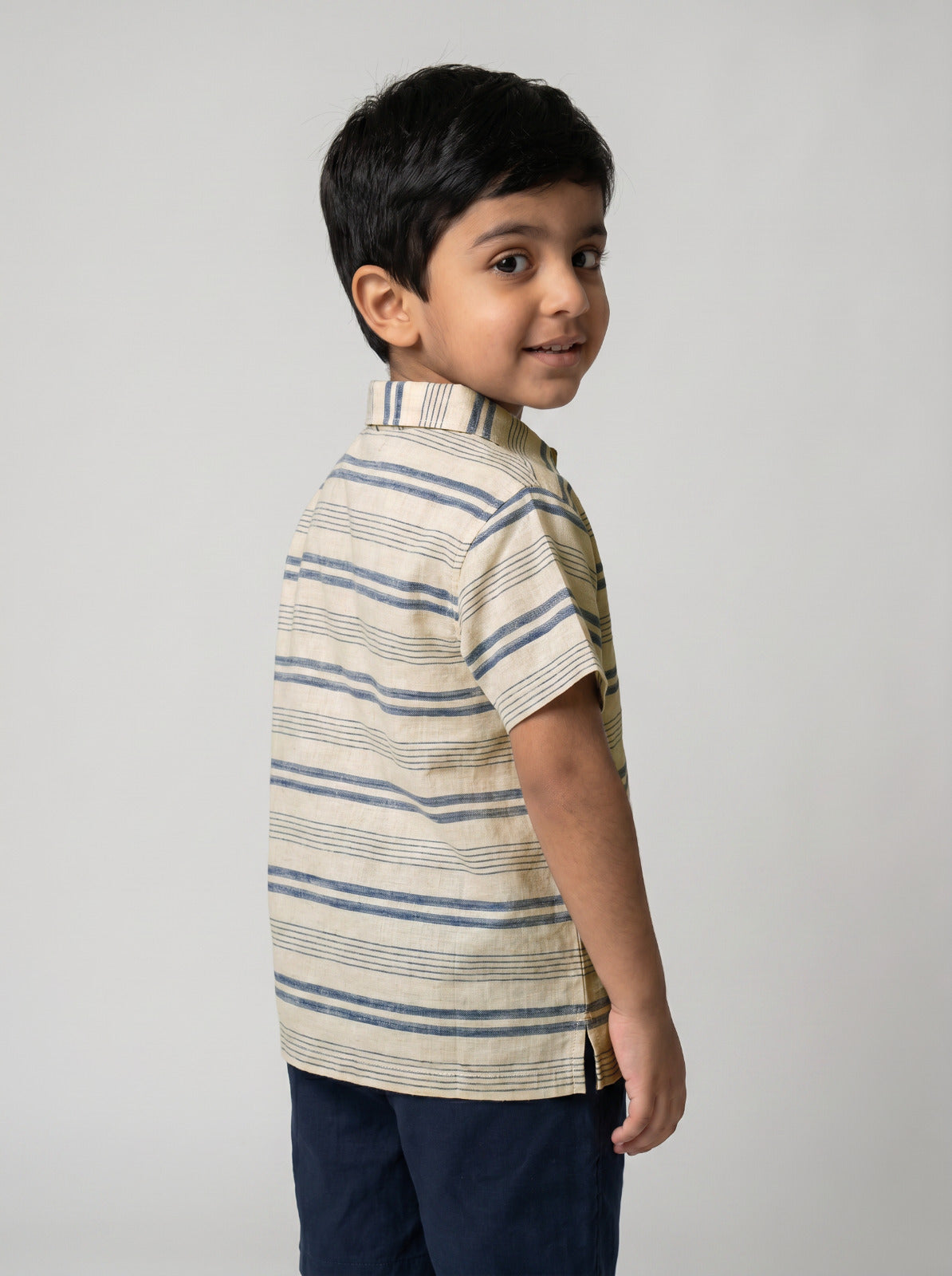 Boys Cream Blue Stripe Short-Sleeve Shirt