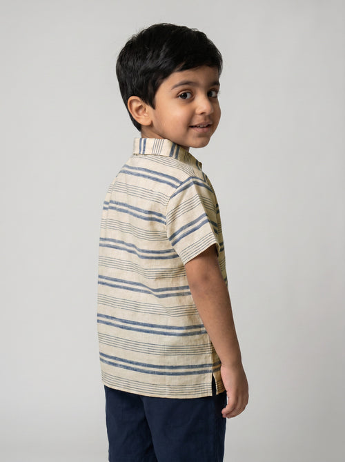 Boys Cream Blue Stripe Short-Sleeve Shirt