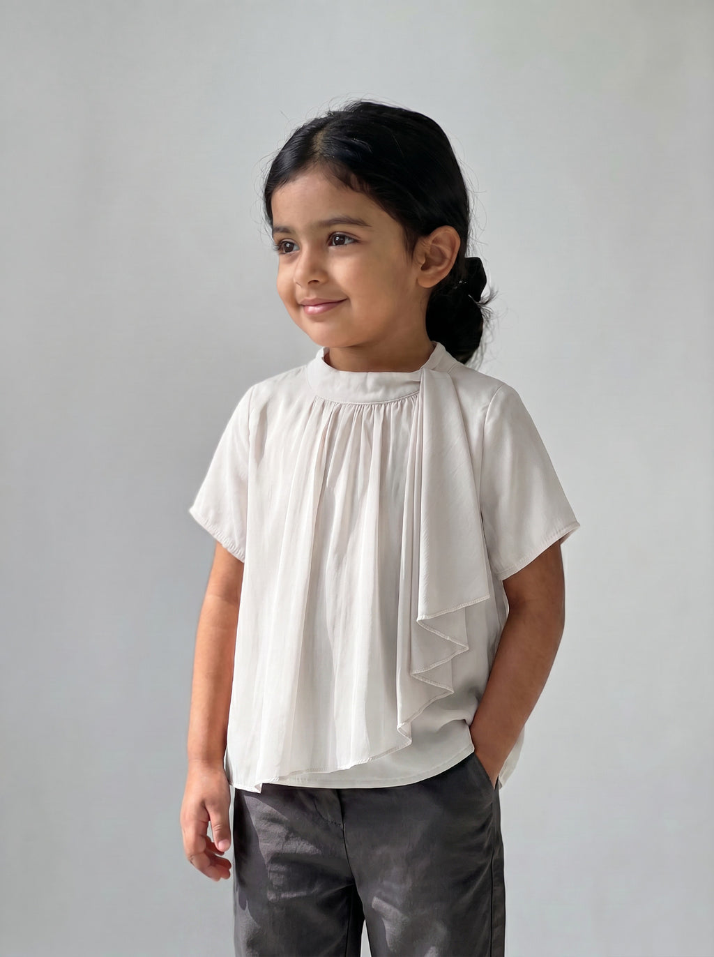 Girls White Gathered High-Neck Cascading Scarf-Drape Top