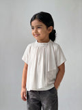 Girls White Gathered High-Neck Cascading Scarf-Drape Top
