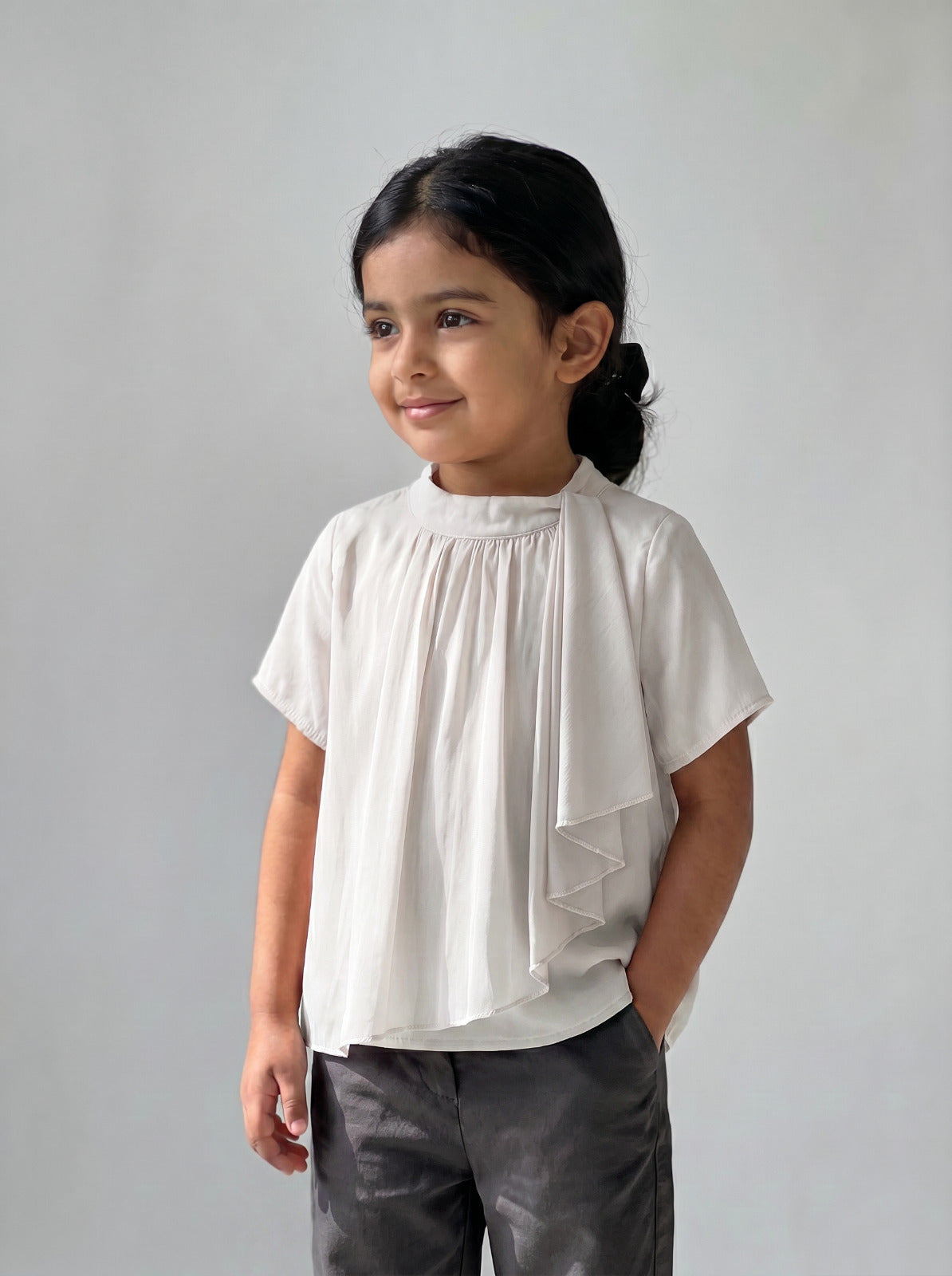 Girls White Gathered High-Neck Cascading Scarf-Drape Top