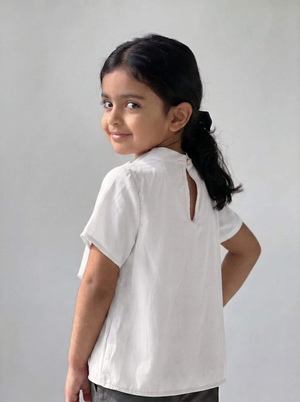 Girls White Gathered High-Neck Cascading Scarf-Drape Top