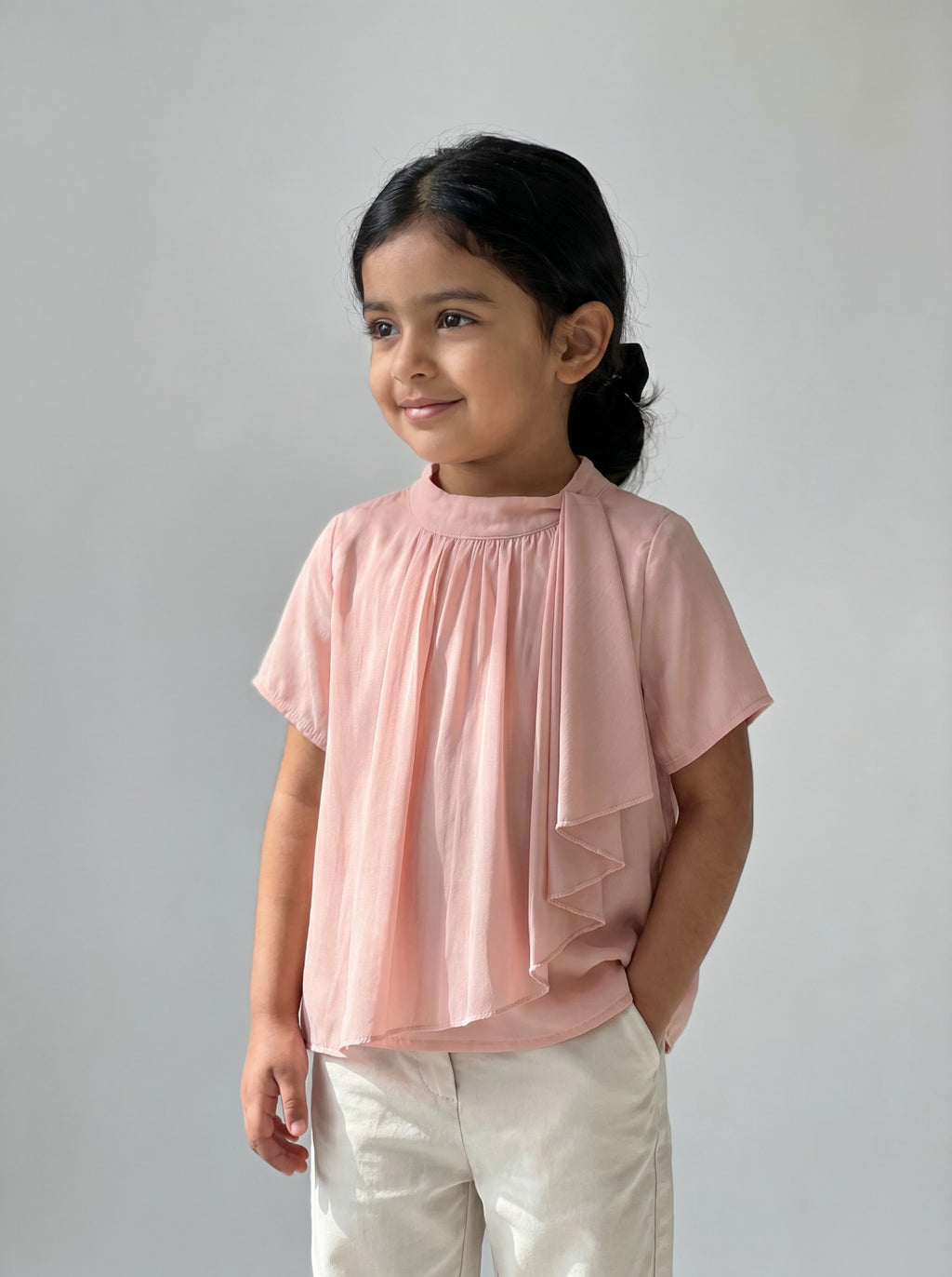Girls Blush Pink Gathered High-Neck Cascading Scarf-Drape Top