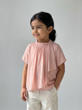 Girls Blush Pink Gathered High-Neck Cascading Scarf-Drape Top