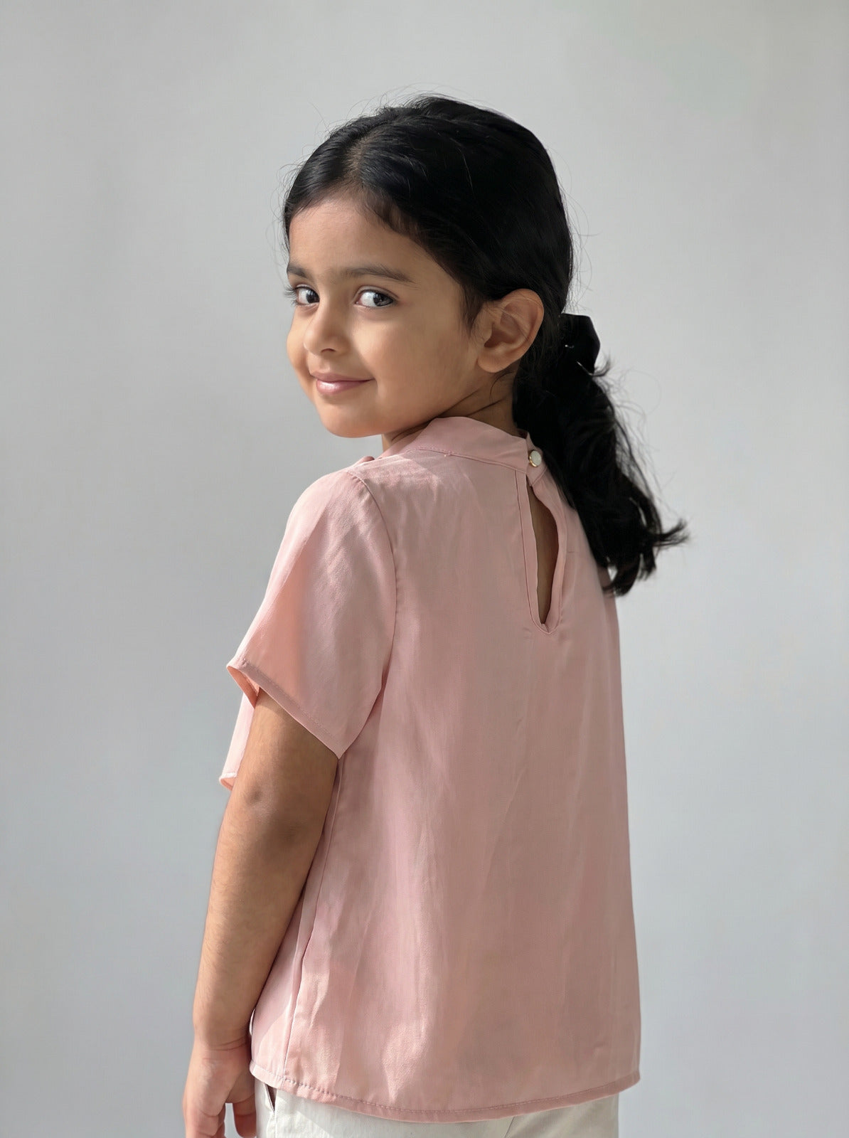 Girls Blush Pink Gathered High-Neck Cascading Scarf-Drape Top