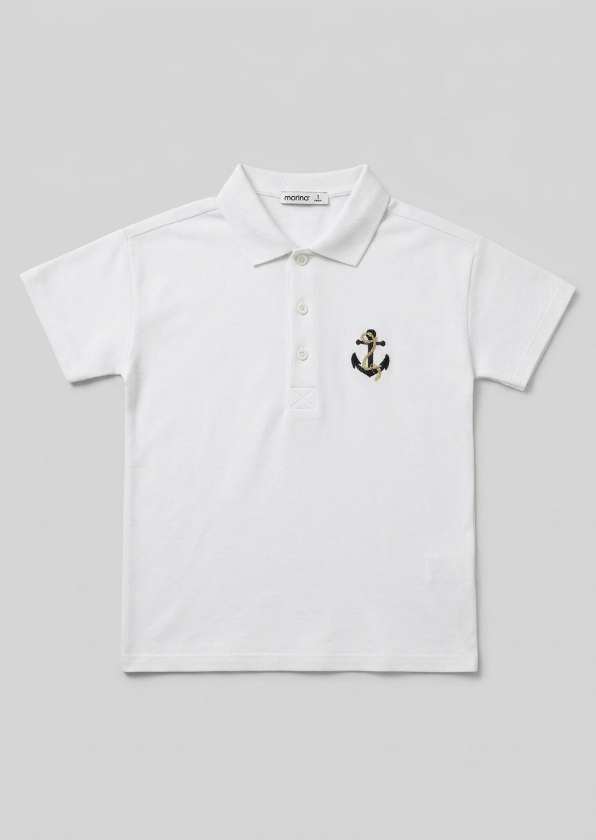 Boys White Anchor Polo Shirt