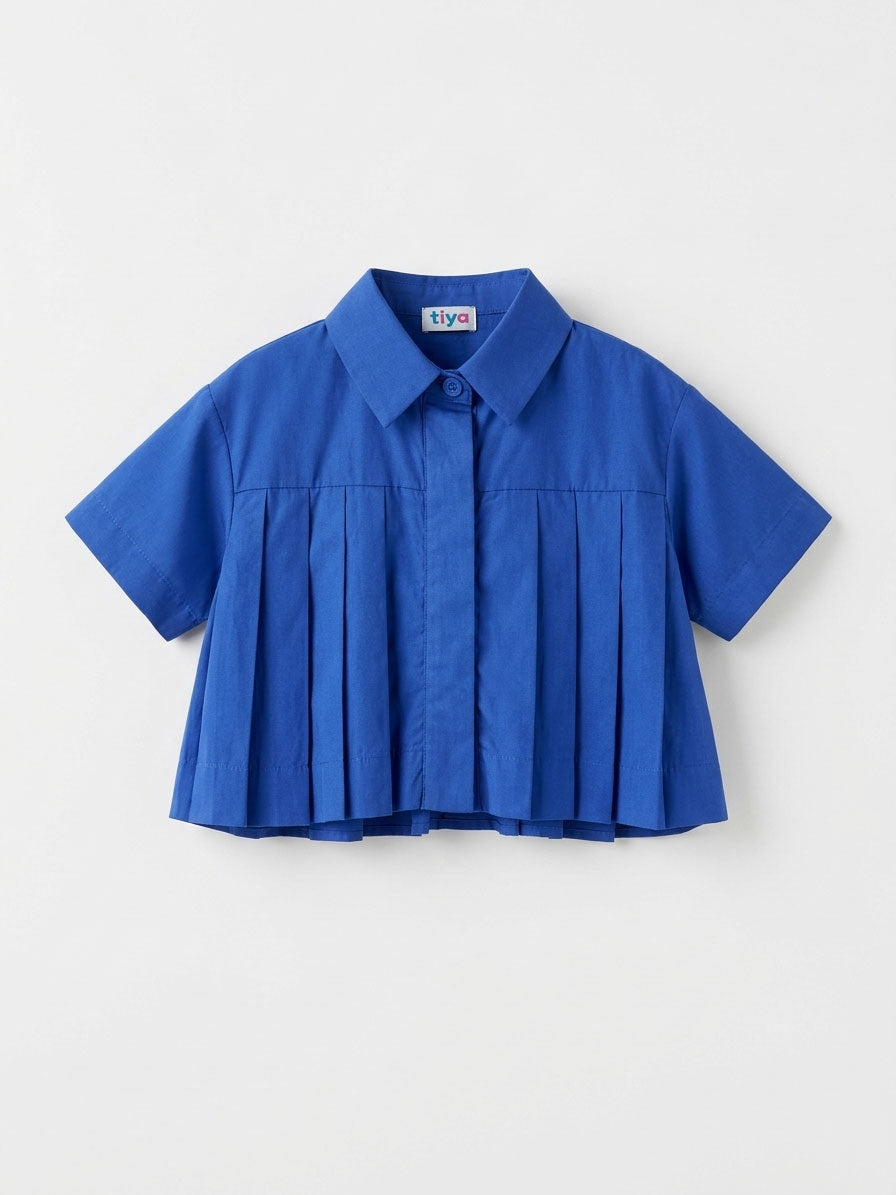 Girls Royal Blue Cropped Knife-Pleat Collared Short-Sleeve Shirt
