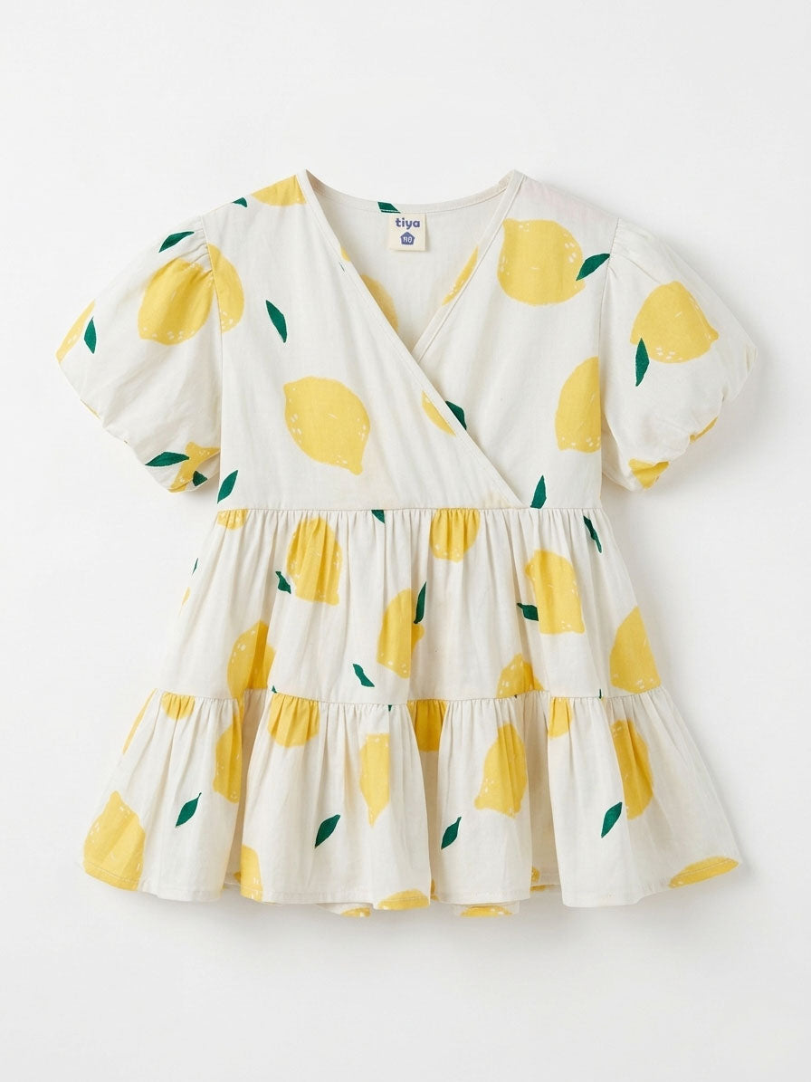 Girls Cream Lemon Print Puff-Sleeve Three-Tier Wrap Dress