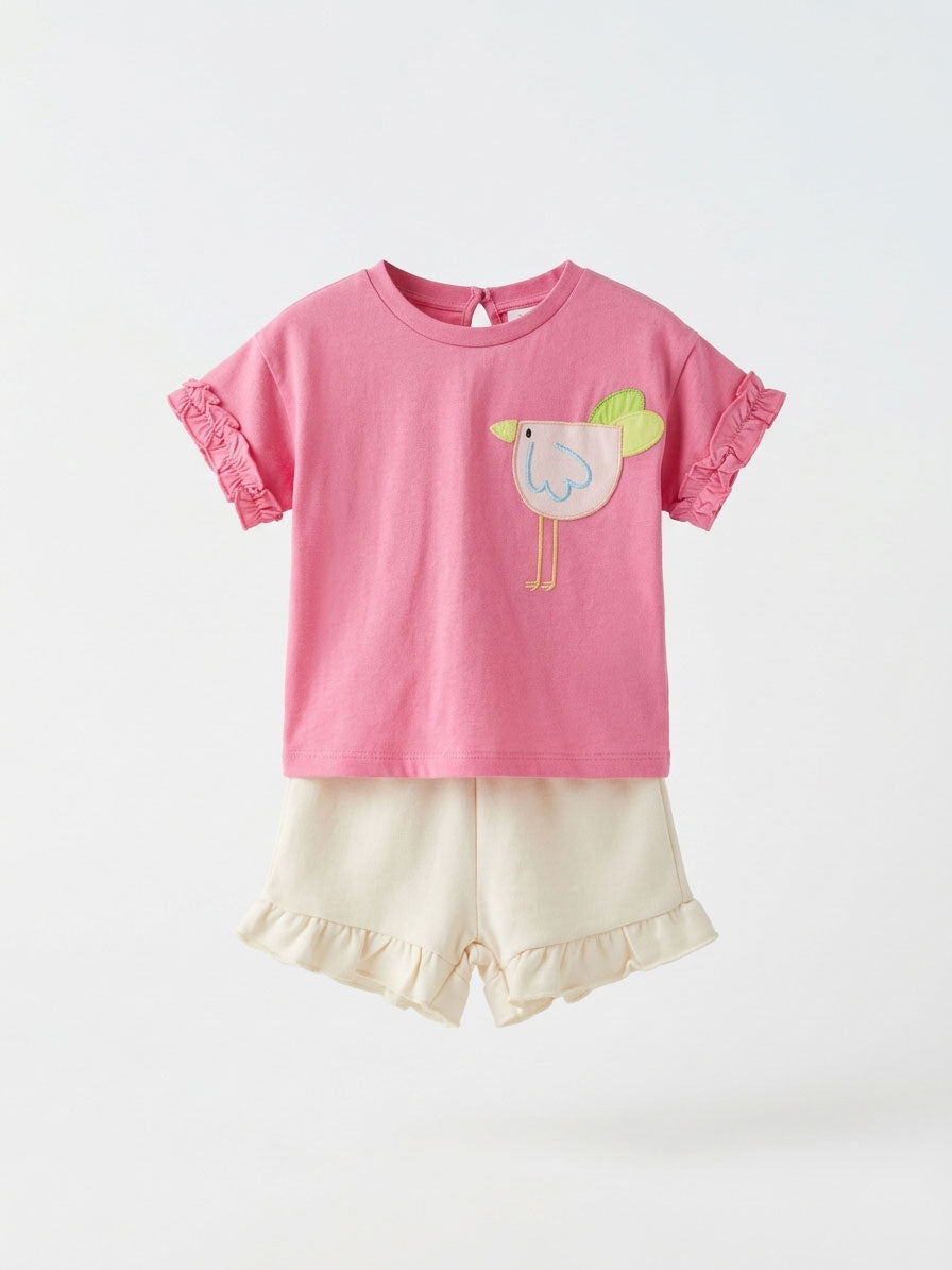 Baby Girls Pink Bird Applique Ruffled Set