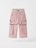 Girls Dusty Pink Wide-Leg Multi-Pocket Cargo Pants