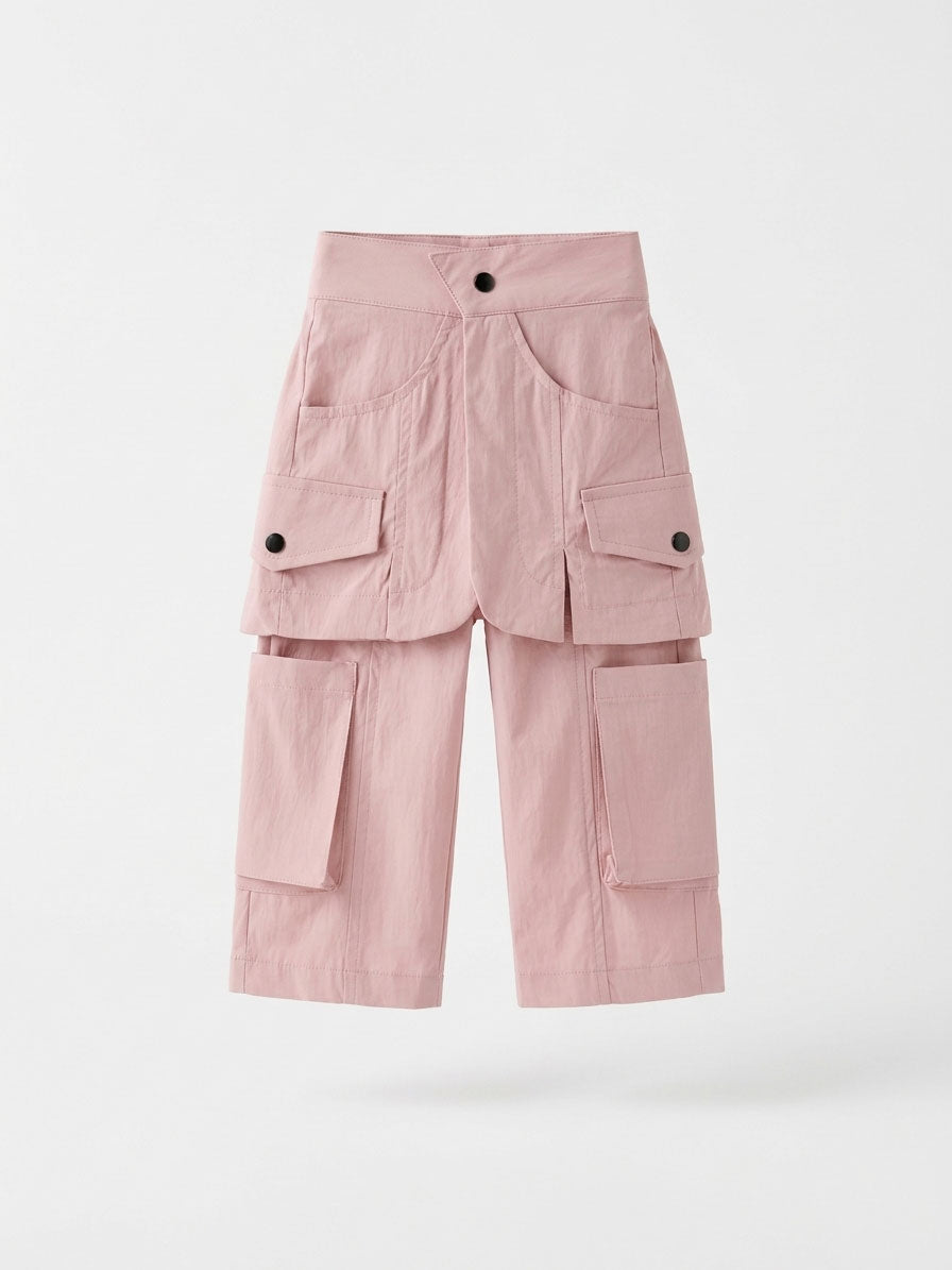 Girls Dusty Pink Wide-Leg Multi-Pocket Cargo Pants
