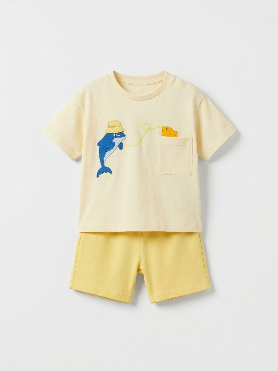 Baby Girl Yellow Dolphin Print T-Shirt & Shorts Set