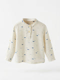 Boys Cream Fish Print Mandarin Collar Shirt