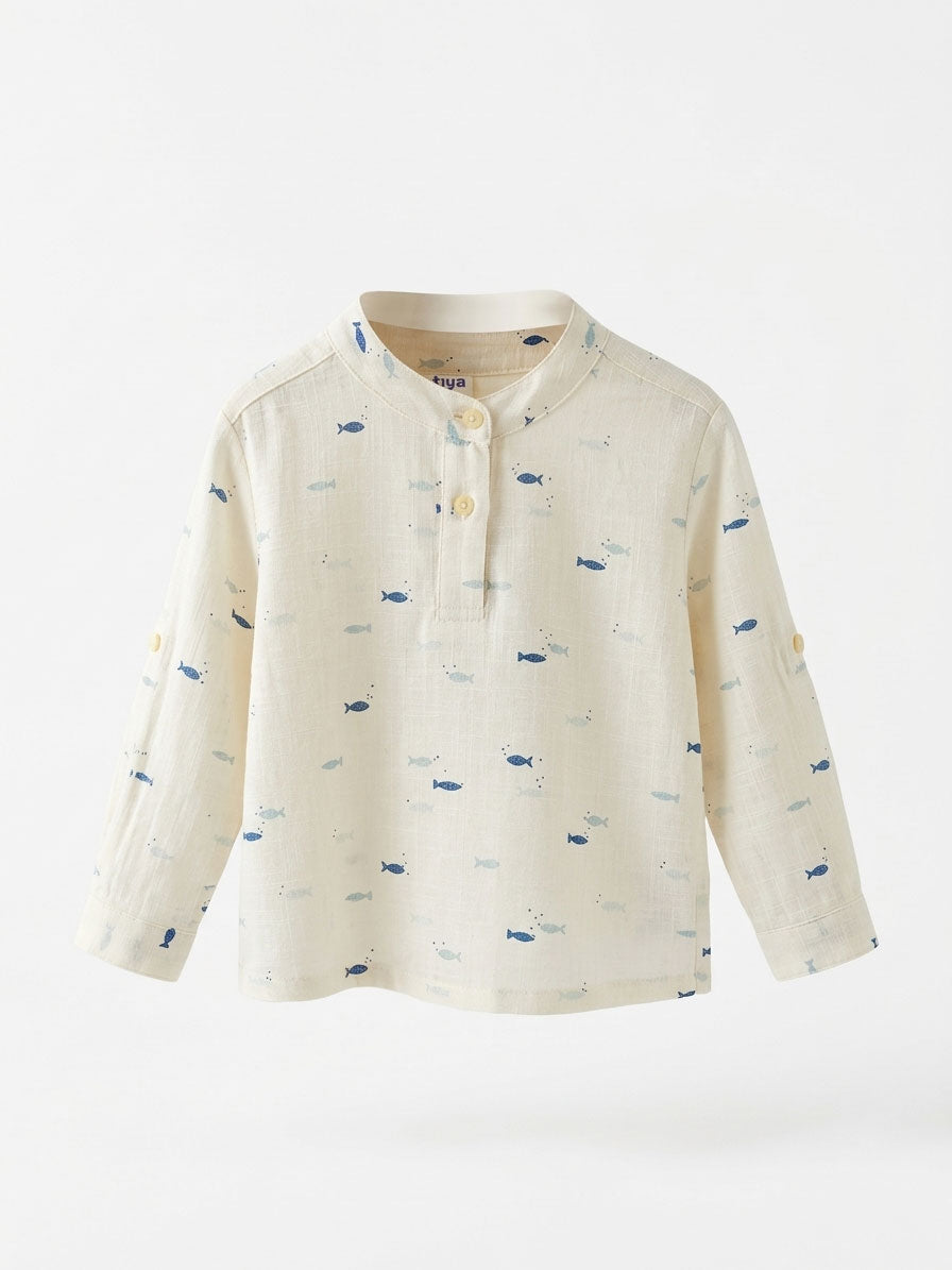 Boys Cream Fish Print Mandarin Collar Shirt