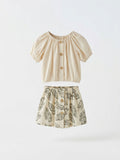 Girls Cream Puff-Sleeve Boat-Neck Top & Tropical Leaf Print Skirt Set
