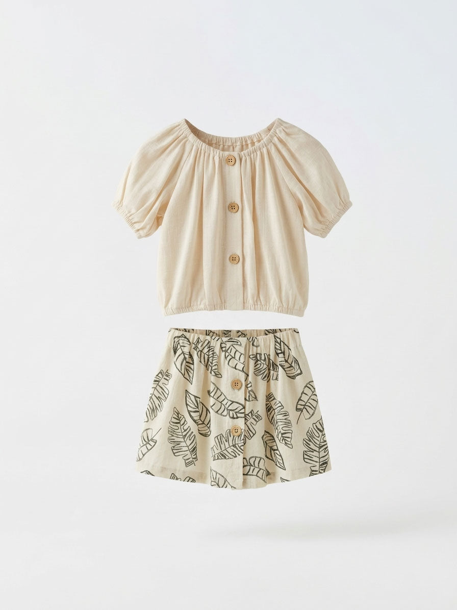 Girls Cream Puff-Sleeve Boat-Neck Top & Tropical Leaf Print Skirt Set