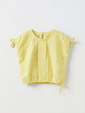 Girls Pale Yellow Boxy Crop Blouse with Ribbon Tie Cuffs & Pintuck Front