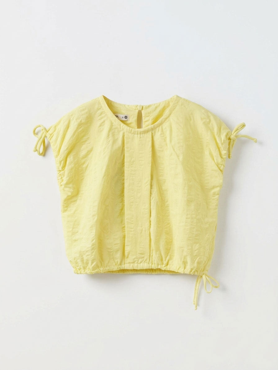 Girls Pale Yellow Boxy Crop Blouse with Ribbon Tie Cuffs & Pintuck Front