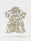 Girls Cream Tropical Banana Leaf Print Stand-Collar Tiered Ruffle Dress