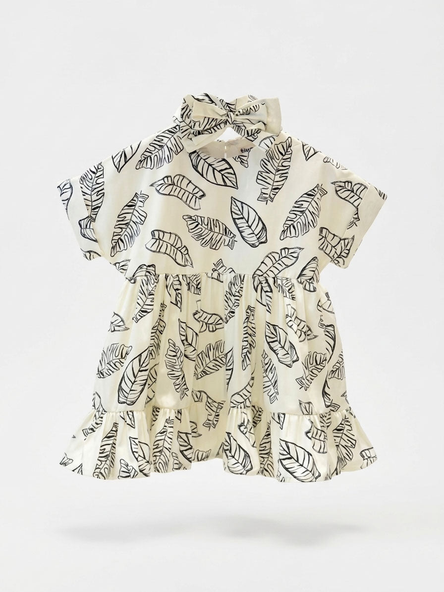 Girls Cream Tropical Banana Leaf Print Stand-Collar Tiered Ruffle Dress