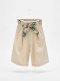 Girls Beige Linen-Look Wide-Leg Bermuda Shorts with Tropical Leaf Print Bow Sash Belt