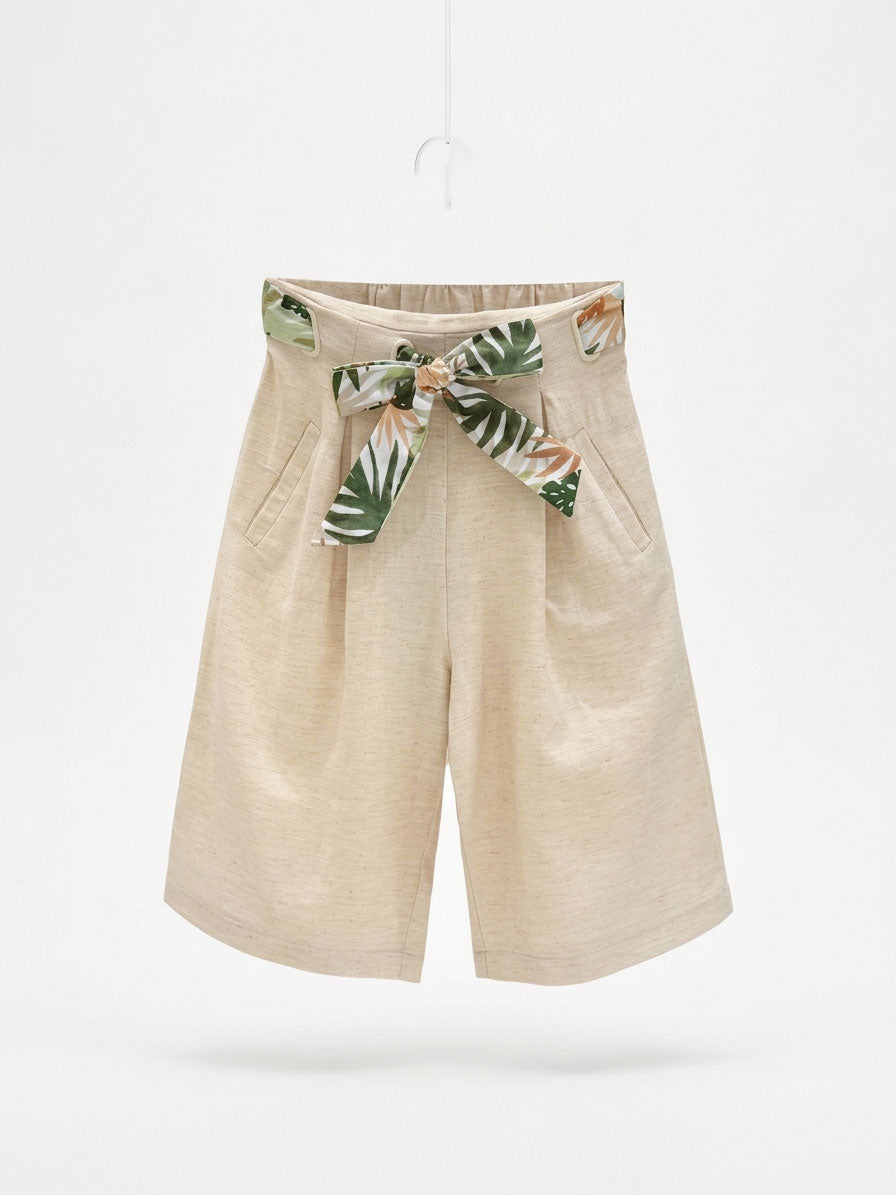 Girls Beige Linen-Look Wide-Leg Bermuda Shorts with Tropical Leaf Print Bow Sash Belt