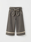 Girls Charcoal Grey Linen-Look Paper-Bag Scalloped Trim Wide-Leg Bermuda Shorts