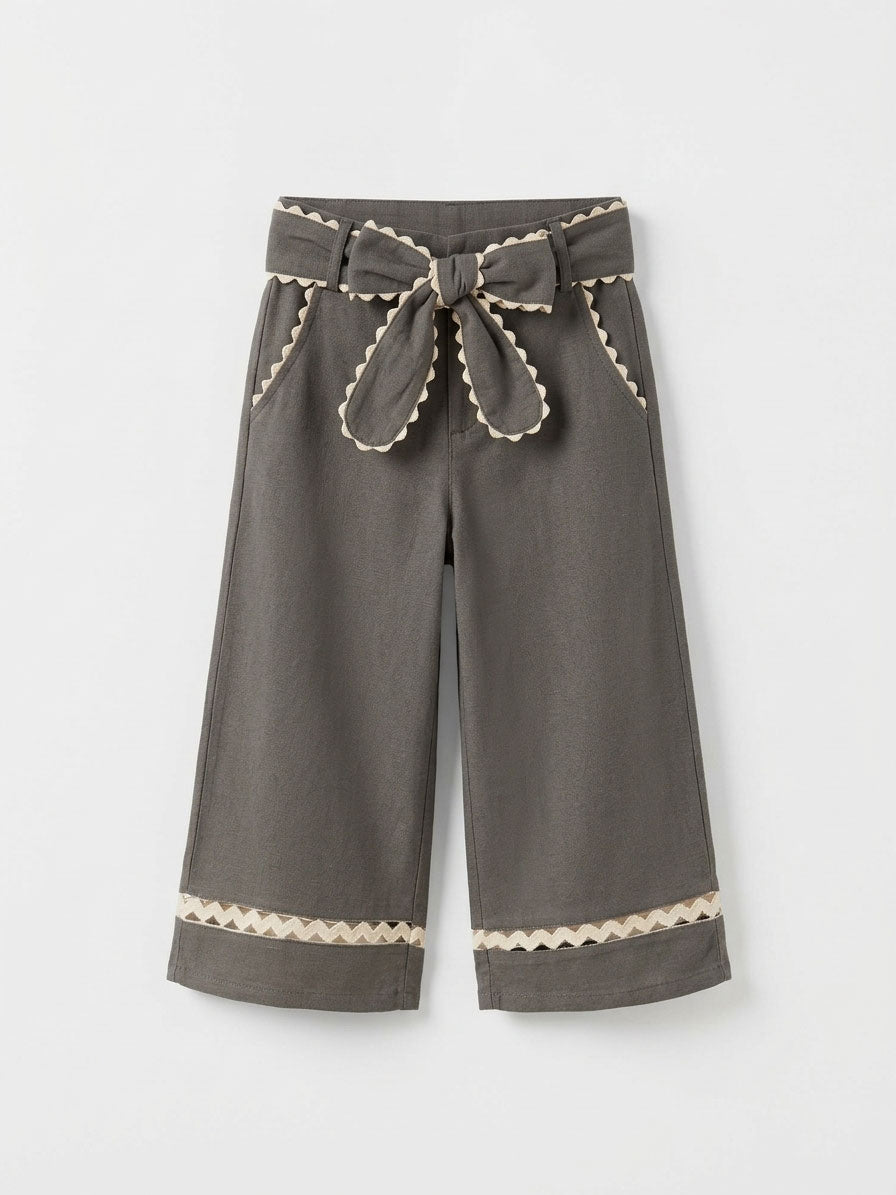Girls Charcoal Grey Linen-Look Paper-Bag Scalloped Trim Wide-Leg Bermuda Shorts
