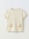 Girls Cream Waffle-Knit 3D Bear Paw Appliqué Boxy Crop Top