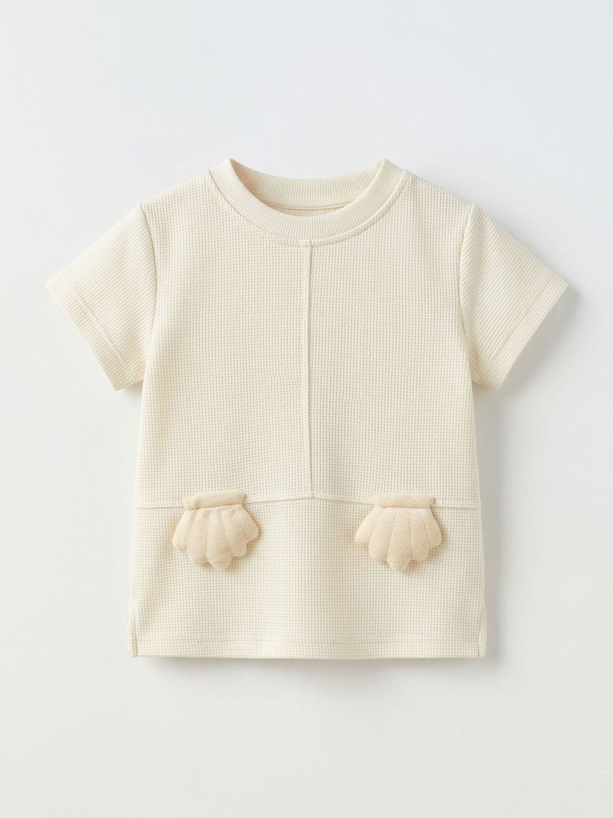 Girls Cream Waffle-Knit 3D Bear Paw Appliqué Boxy Crop Top