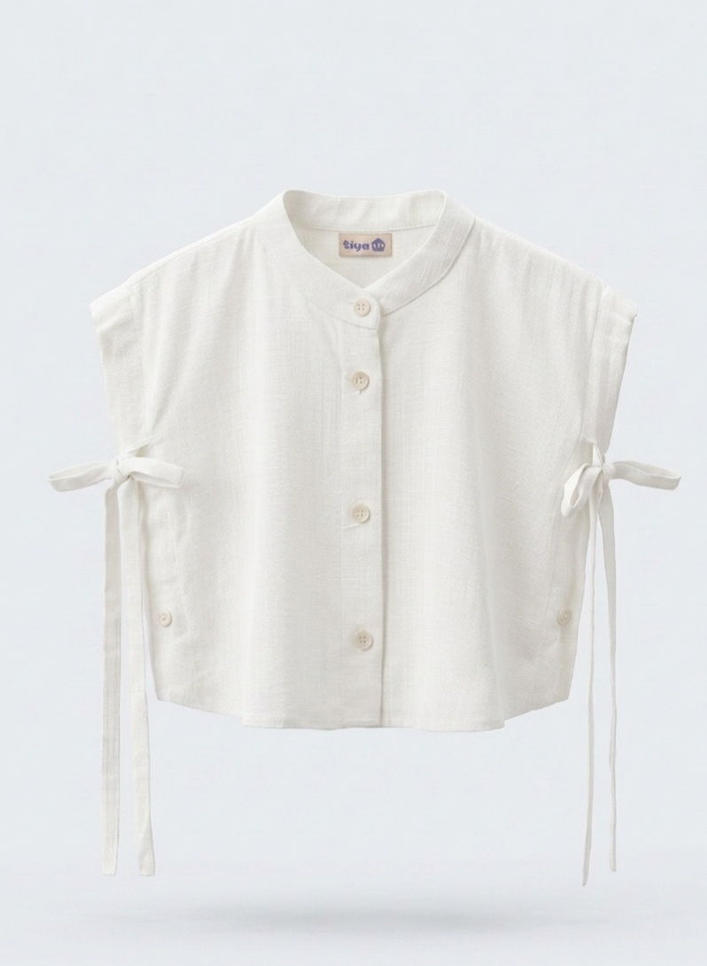 Girls White Linen-Look Side-Tie Sleeveless Button Shirt