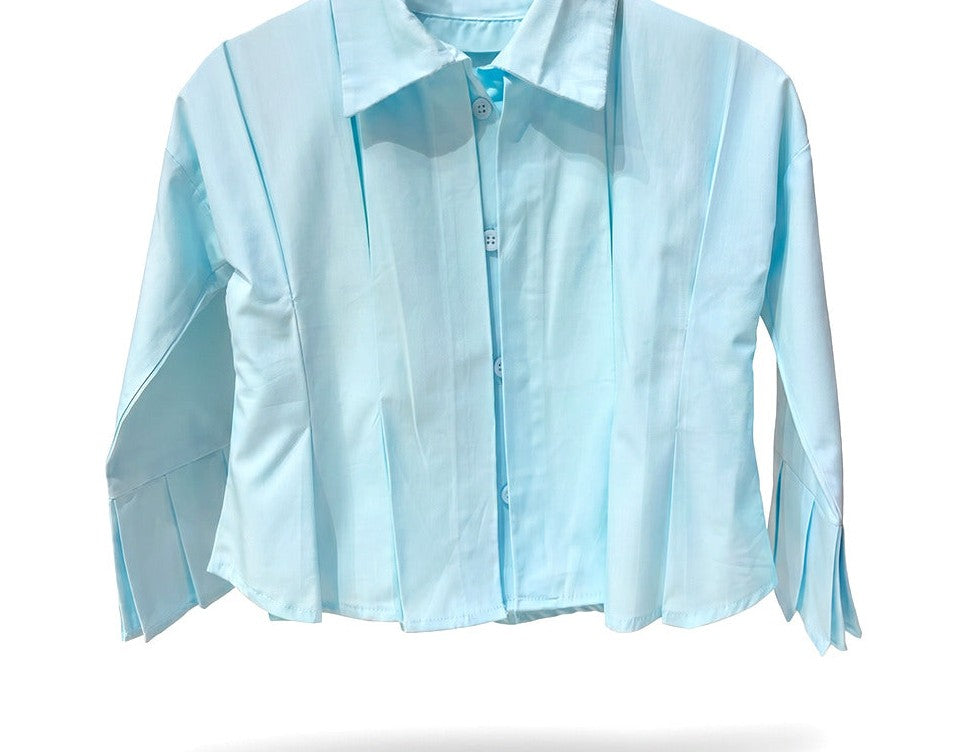 Girls Mint Blue Cropped Pintuck Pleated Long-Sleeve Button-Down Shirt