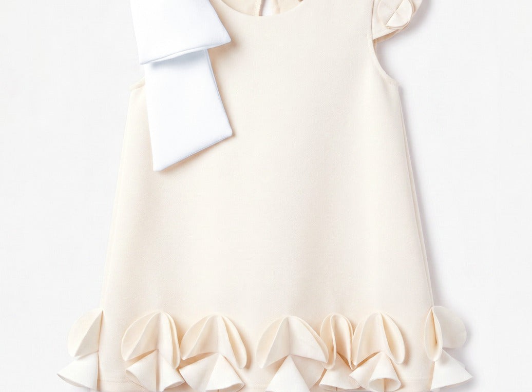 Girls Cream Flutter-Sleeve Occasion Dress with 3D Origami Petal Hem & Structured White Bow